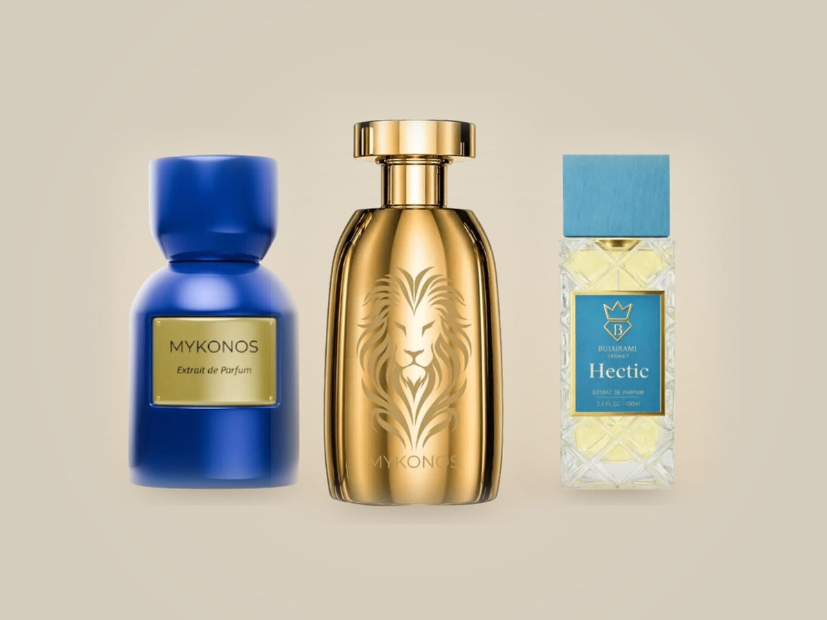 Parfumflacons van Mykonos Inception, Mykonos Empire en Bujairami Hectic